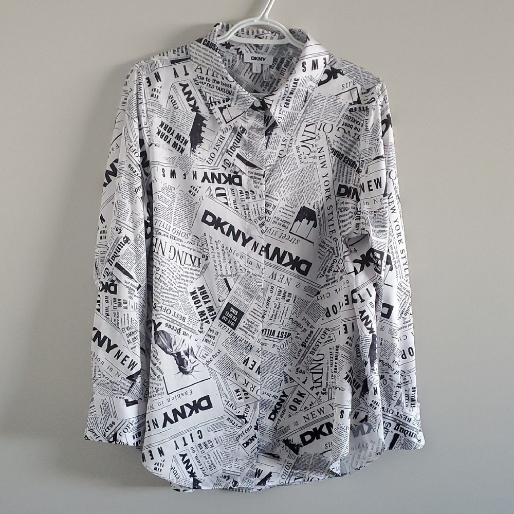 DKNY Black and White Monochrome Graphic Print Business Satin Shirt Blouse Sz L